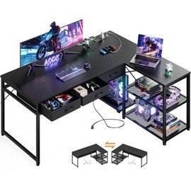AODK 53 Inch L Shaped Computer Desk with Drawers, Corner Desk with Power Outlets & Reversible Storage Shelves, Movable CPU Stand for Home Office Gaming, Black