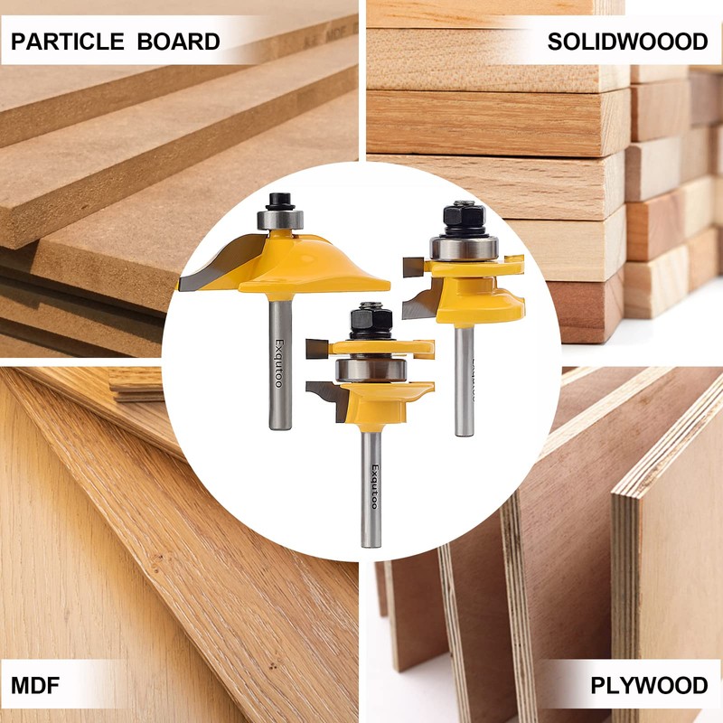 Exqutoo 3PCS 1/4" Shank Router Bit Set, Raised Panel Cabinet