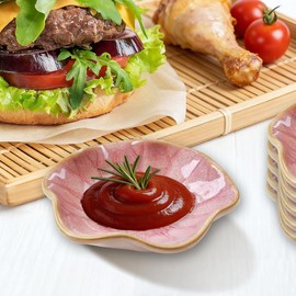 6-Pack Pink Soy Sauce Dishes, 2.5oz Ceramic Dipping Bowls, 4.1in lotus leaf shaped sauce bowls, Small Bowles for Side Dishes, sdipping bowl, dipping plates, Jewelry Tray, Decorative Bowles (6 Pink)