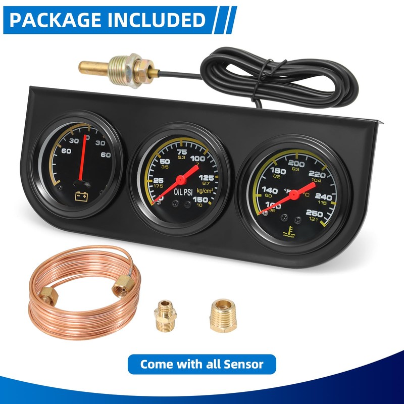 MH 2inch 52mm Triple Gauge Set, Oil Pressure Gauge Water