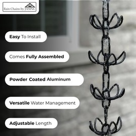 Rain Chains by JASINC 8.5 ft Tulip Cups Black Powder Coated, to Replace Roof Gutter Downspout, with Installation Kit, Rainwater Catcher/Water Diverter, JAS4002BLK