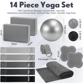 Simgoing 14 Pcs Yoga Kits for Home Workouts Pilates Equipment Set for Women Beginners Include Hot Yoga Towel Blocks Strap, Knee Pad, Resistance Loop Exercise Band, Massage Lacrosse Ball, Pilates Ball