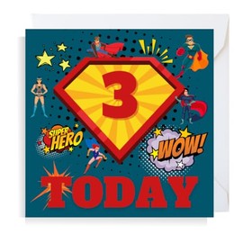 Second Ave Superhero 3rd Birthday Age 3 Square Children's Kids Birthday Greeting Card for Boy or Girl