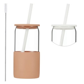 Sunseeke Glass Tumbler with Straw and Lid, 16oz Ice Coffee Cup, Silicone Sleeve Cleaning Brushes, Drinking Glasses for Water, Iced Coffee, Smoothie - BPA Free (Sandy Beige)