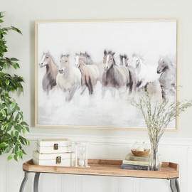 Deco 79 Canvas Horse Handmade Framed Wall Art with Brown Frame, 40" x 1" x 30", Gray