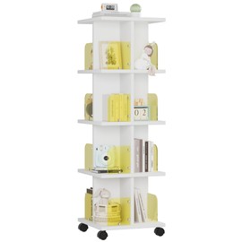 VECELO 4 Tier Rotating Bookshelf, 360°Corner Display Shelf with Wheels, Book Storage with Acrylic Windows, Wood Narrow Book Shelf Organizer for Small Space, Bedroom, White