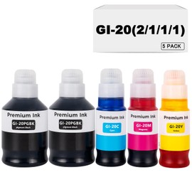 ARTITECH Compatible for Canon GI20 GI-20 GI-20PGBK GI-20C GI-20M GI-20Y (5-Pack, 2*Black Pigment 170ML, CMY Dye 70ML) Ink Bottle for Canon PIXMA G5020 G6020 G7020