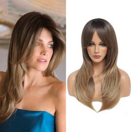 Ms TAj Brown Wigs for Women Synthetic Wig with Fringe Long Slight Curly Layered Wig for Daily and Party Wear, 21 Inch