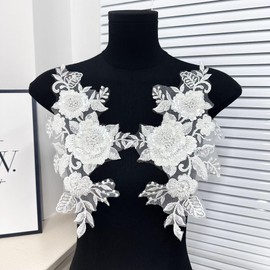 G-RUI 2pcs/pair Beaded Sequins Embroidery Flower Lace Appliques for Wedding Dresses Rhinestone Lace Applique Patches Embroidery Parches ropa for Clothes (White)