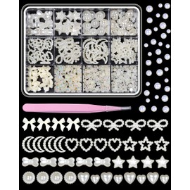 3D Multi Shapes Nail Charms and Flatback Pearls, Creamy White Mixed Heart Star Bows Bowkntos Nail Art Charms, Moon Pearl Heart Charms for Nail Art DIY Accessories with Pickup Tool