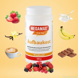 Megamax Aufbaukost Waldfrucht 500g Ideal als Kalorien Shake zur Kräftigung und Zunehemen bei Untergewicht -Proteinpulver hochkalorische Trinknahrung für Gewichtszunahme Muskelmasse u. Muskelaufbau