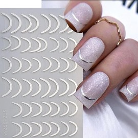 8Sheets French Line Nail Stickers - Gold Silver for Nails Sticker Kit - 3D Metallic Curve Stripe Wave Lines Nail Decals Self-Adhesive Nail Art Supplies French Nail Design for Women Manicure Decoration