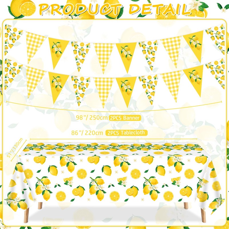 4 Pcs Lemon Party Decoration Lemonade Tablecloth Lemon Triangle Banners