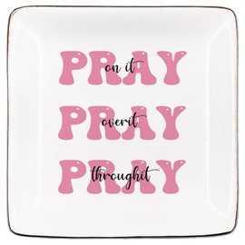 JRTW Pray on It Pray over It Pray Through It Prayer Jewelry Dish, Ring Dish for Girls Back to School Gift, Preppy Ceramic Jewelry Tray for Rings & Earring, Pink Prayer Christian Earring Tray Gift