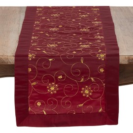 Burgundy with Gold Color Embroidered & Sequined Special Occasion Holiday Table Runner, 16" x 108" Rectangle