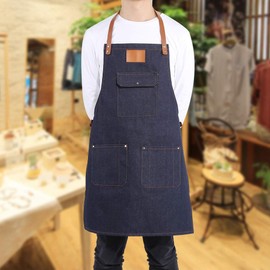 Zerodis Denim Apron, Kitchen Apron with 3 Pockets and Adjustable Leather Strap for Cooking BBQ, Bartender Chef Work Apron Heavy Duty Bib for Men Women(78.00 * 68.00 * 2.00cm-Blue)