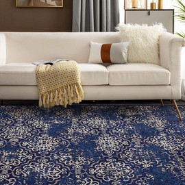Large Area Rug 9'x12' Machine Washable Living Room Rug Indoor Rug Kitchen Accent Rug Distressed Carpet Low Pile Bedroom Rug Office Dining Room Navy Blue