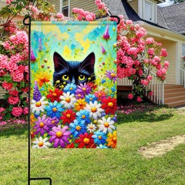 BlissYard Spring Black Cat Garden Flag 12×18 Inch Double Sided Small Black Cat Flower Floral Garden Yard Flags for Spring Summer Outside Outdoor House Decoration Banner