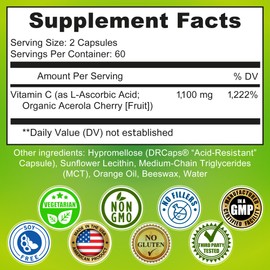 Liposomal Vitamin C Liquid Gel Capsules 1100mg - Made with Organic Acerola