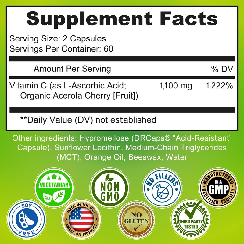 Liposomal Vitamin C Liquid Gel Capsules 1100mg - Made with