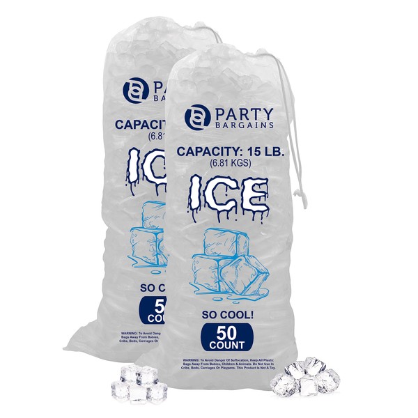 Party Bargains Plastic Drawstring Ice Bags 15 lb - 100 Count, size: 24 x 14 inch. With a Drawstring Closure. Heavy Duty 44 Micron, Durable Ice-bag Storage