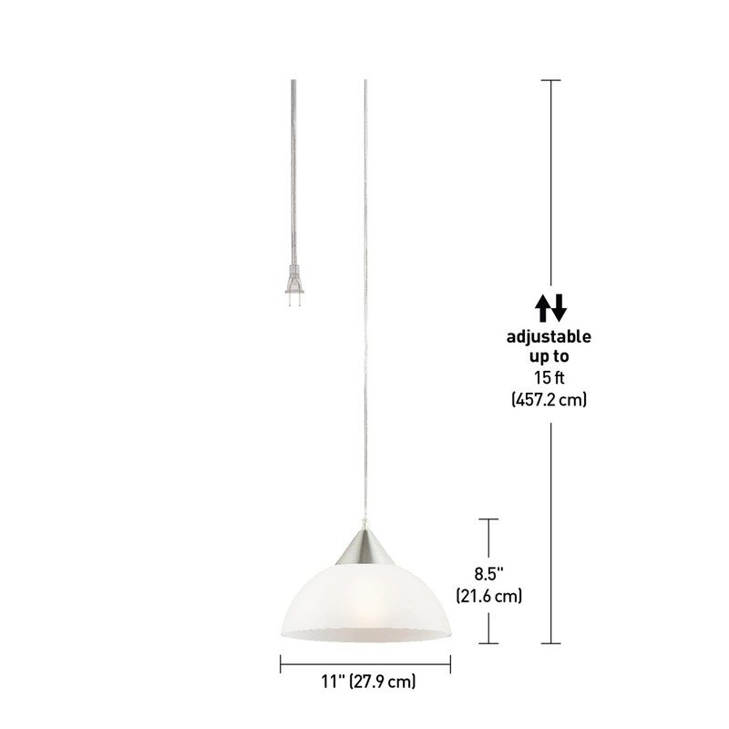 GLOBE Electric 64413 1-Light Plug-in Pendant, Brushed Steel, Frosted White