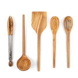 Salt & York 5-piece Olive Wood Utensils Set - Includes Turner, Tongs, Slotted Spoon, Ladle, and 12" Spoon - Best Wooden Spoons for Cooking - Wood Kitchen Utensils Set - Ideal for Nonstick Cookware