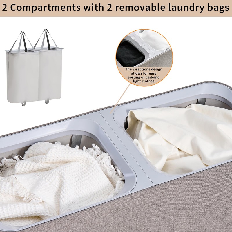 150L Laundry Hamper with Lid,Large Portable 2 Dividers Dirty Clothes