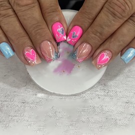 24 Pcs Valentine's Day Pink Press on Nails Short Square - SHANRUN Blue Nail Tips Acrylic Nail Kit Fake Nails Press ons Flash Oblique French Tip Glue on Nails Full Cover Nail Art False Nails for Women