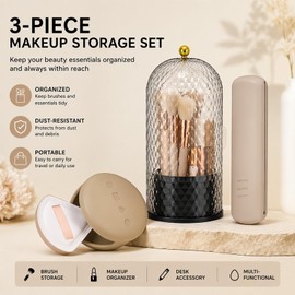 Makeup Brush Holder with Lid,3 Compartment Rotating Countertop
