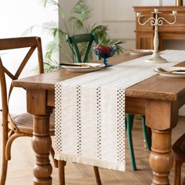 Table Runner Beige Boho Table Runner Macrame Cotton Flax Decorative Tablecloth with Tassels & Crochet Lace Table Runner Cream Linen Washable for Wedding Party Birthday Decoration 30 x 140 cm