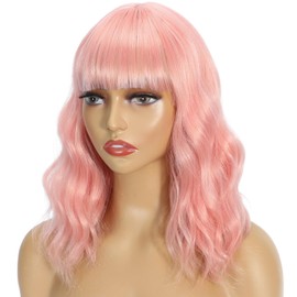 simnient Pastel Bob Wigs with Bangs for Women Loose Wavy Wig Pastel Wavy Shoulder Length Bob Synthetic Cosplay Wig for Girl Colorful Costume Wigs(Pink,14inch)