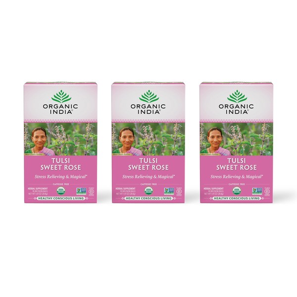Organic India Tulsi Sweet Rose Herbal Tea - Holy Basil, Stress Relieving & Magical, Immune Support, Adaptogen, Vegan, USDA Certified Organic, Non-GMO, Caffeine-Free - 18 Infusion Bags, 3 Pack