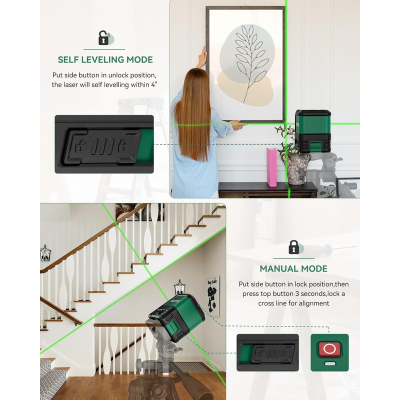 Nikotek Laser Level Self-Leveling Green Beam Horizontal and Vertical Crossline