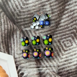 Spring Press on Toe Nails French Tip Fake Toe nails with Colorful Flower Designs False Toenails Square Glue on Toenails Black Stick on Toe Nails Glossy Acrylic Toenails Full Cover Artificial Toenails