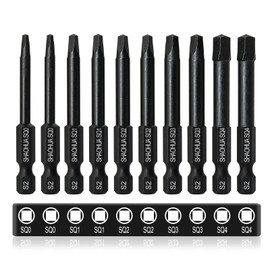 Pack of 10 Square Screwdriver Bits 60 mm, CYLBAQ Hex Shank Square Head Screwdriver Bits, SQ0, SQ1, SQ2, SQ3, SQ4 Magnetic Screwdriver S2 Steel 1/4 Inch Hex Shank Square Bits