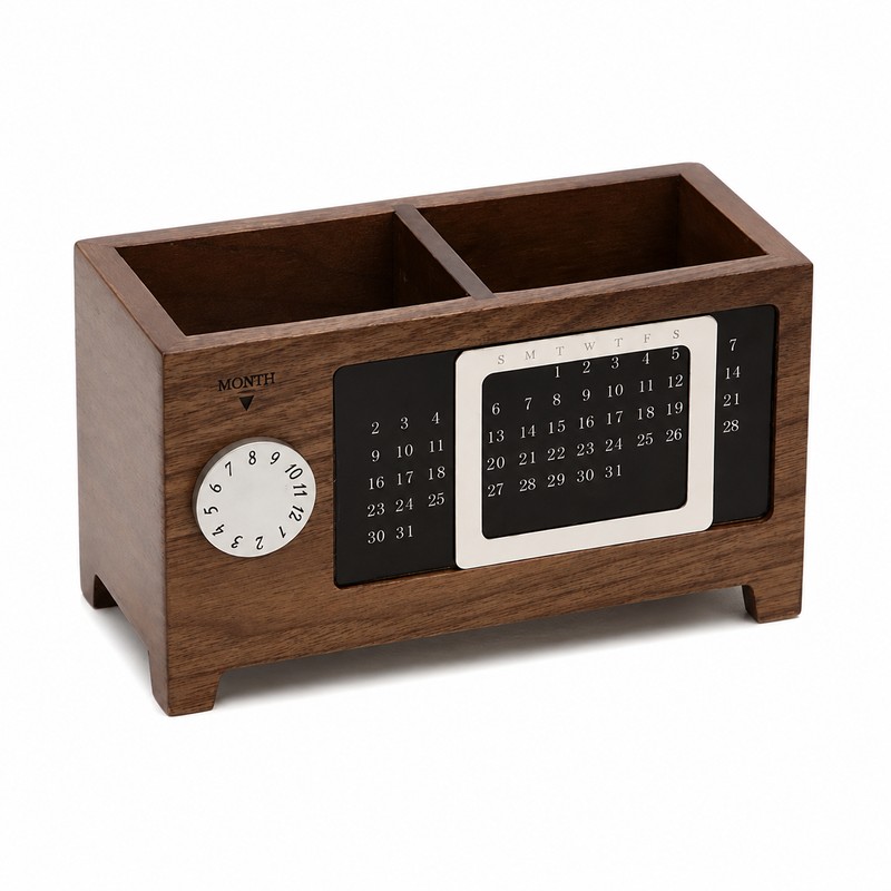 Wooden Desk Organizer with Calendar for Pens & Remotes -