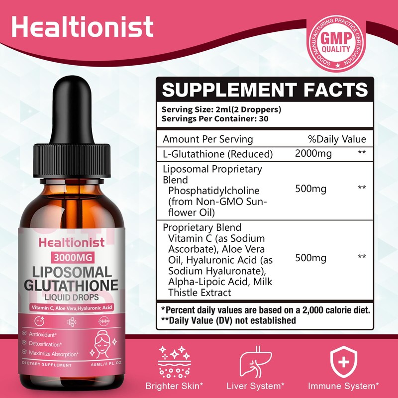 Healtionist 2 Pack 3000mg Liposomal Glutathione Liquid Drops with Vitamin