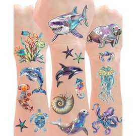 210 tatuajes temporales de vida marina, tatuajes de tiburones para niños, tatuajes de pulpo, medusas y ballenas no tóxicos, decoraciones para fiestas bajo el mar, animales marinos acuáticos, 18 hojas