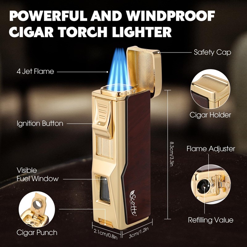 Scotte Cigar Humidor Box, Cigar Lighter Cedar Wood Lined Leather