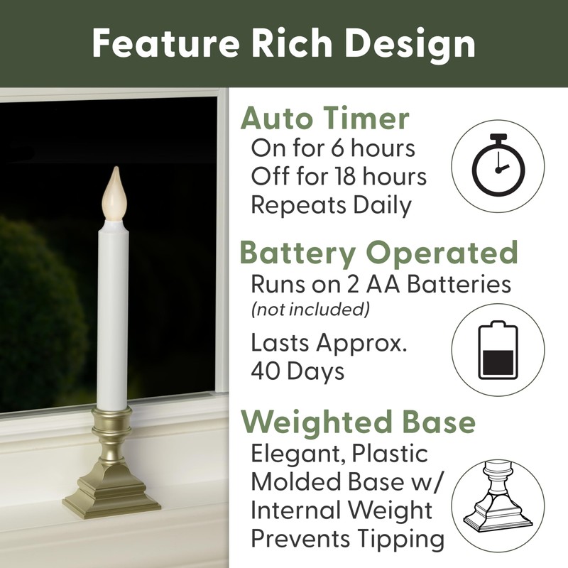 612 Vermont LED Battery Operated Window Candles with Timer, Bright