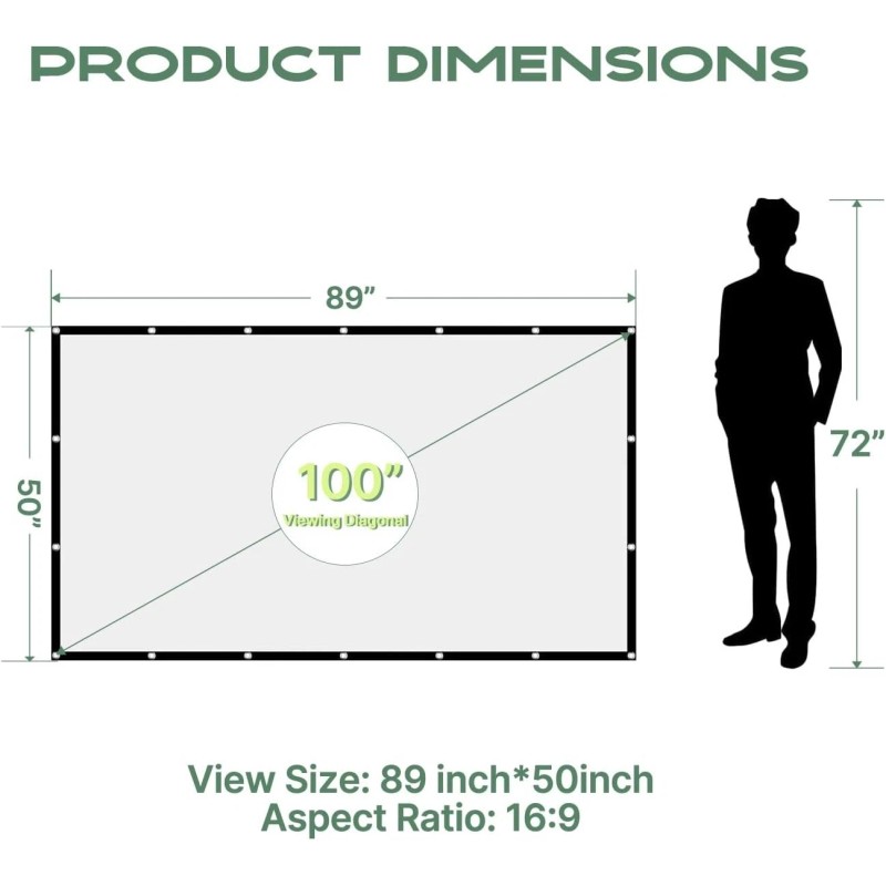 100-Inch Washable Projector Screen - Portable & Foldable for Indoor/Outdoor