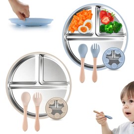 Janety 2 Piezas Platos de Acero Inoxidable para Bebe con Succión, Platos para Bebe Divididos con Mangas de Silicona Extraíbles y 2 Juegos de Cuchara y Tenedor, Antideslizantes y Resistentes