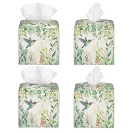 Green Leaves Hummingbird Spring Tissue Box Cover Watercolor Floral Square Leather Tissue Holder Decorative Facial Tissue Cube Paper Cover Case Organizer for Bathroom Night Stands Desk Home