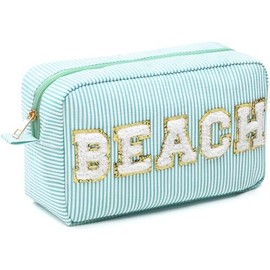 Cosmetic Bag Organizer Travel, Compact Lightweight Accessory for Travel and Daily Use - Sanwuta Seersucker Beach Makeup Chenille