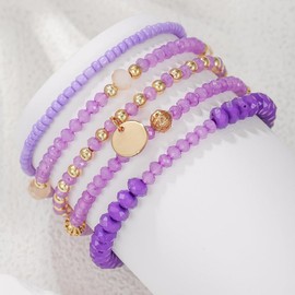 5Pcs Bohemian Stackable Beaded Bracelets Set for Women Adjustable Beach Colorful Multilayered Beaded Bracelet Summer Beach Party Jewelry Gift(Purple)