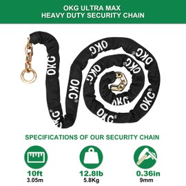 OKG Maximum Heavy Duty Security Chain - 10ft x 3/8" (9mm) Thick Square Security Chain - Hardened Steel Cinch Noose Chain - Anti Theft Lock Chain for Motorcycles, Generators, Trailers, ATVs, etc.