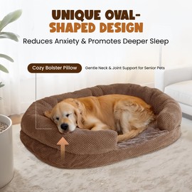 Plush Orthopedic Pet Bed for Small Dogs & Cats-Removable Washable Cover, Supportive Memory Foam Oval Bed Non-Slip Design with Bolstered Sides, Perfect Medium Dog Sofa or Chair for Pet Care, Camel
