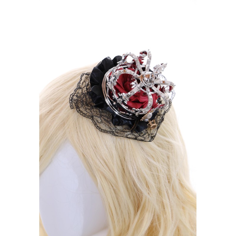 Kawaii-Story C-107-2 Silver Crown Red Rose Bow Black Lace Ruffle