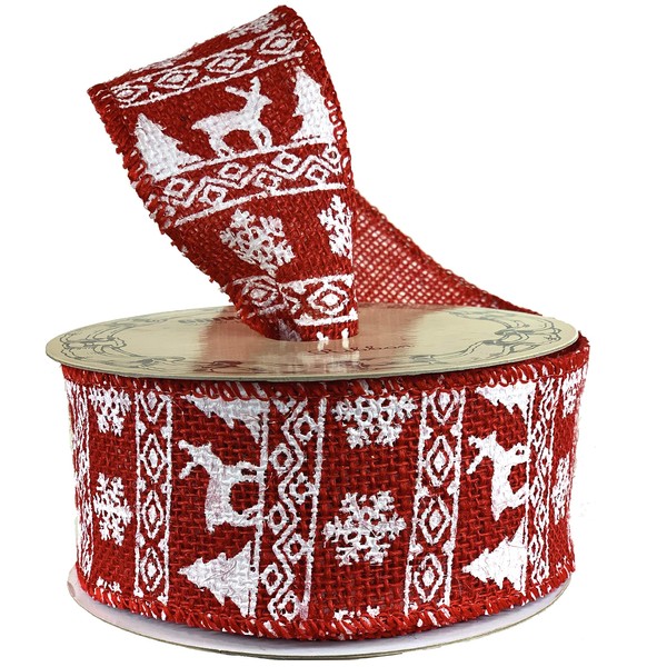 Fair Isle Christmas Tree Ribbon - 2 1/2" x 10 Yards, Wired Edge, White on Red Burlap, Garland, Gifts, Wrapping, Wreaths, Bows, Nordic Pattern, Gift Baskets, Gift Wrap, Winter